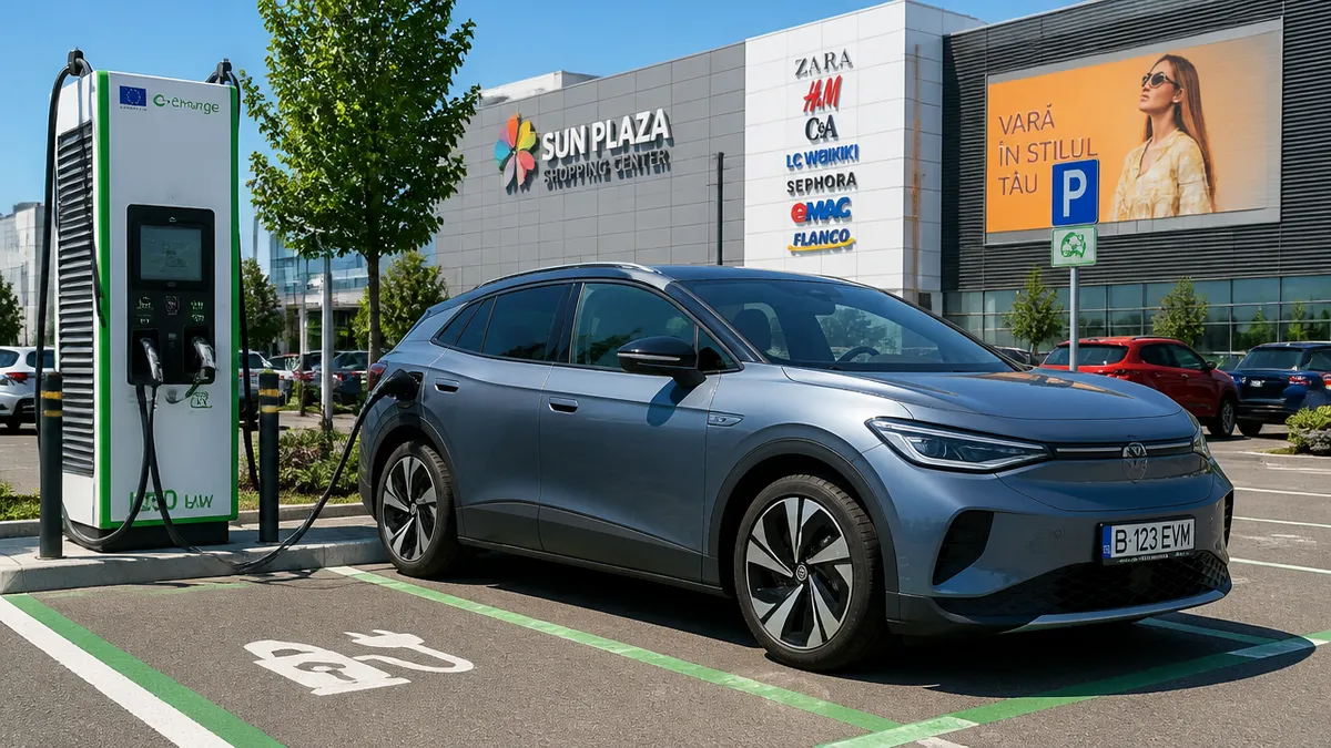 mașină electrică încărcare rapidă parcare mall România vară